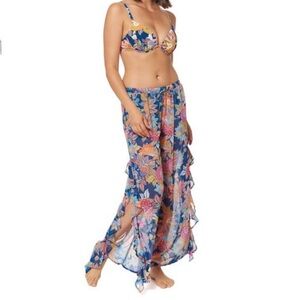Bleu Rod Beattie Let the Sunshine In Floral Ruffle Side Slit Cover Up Pant Navy